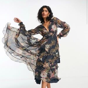 ASOS DESIGN pleated layered tiered midi dress in navy floral print